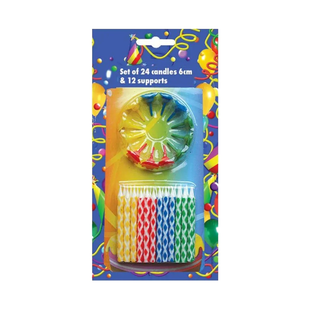 Svíčky na dort - Sada barevných dortových svíček s držákem 24ks