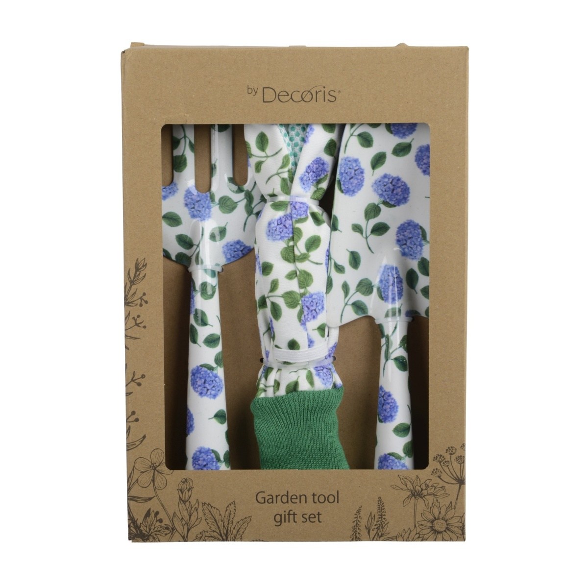 Drobné nářadí - Sada lopatka, kultivátor a rukavice  s hortenziemi 3ks
