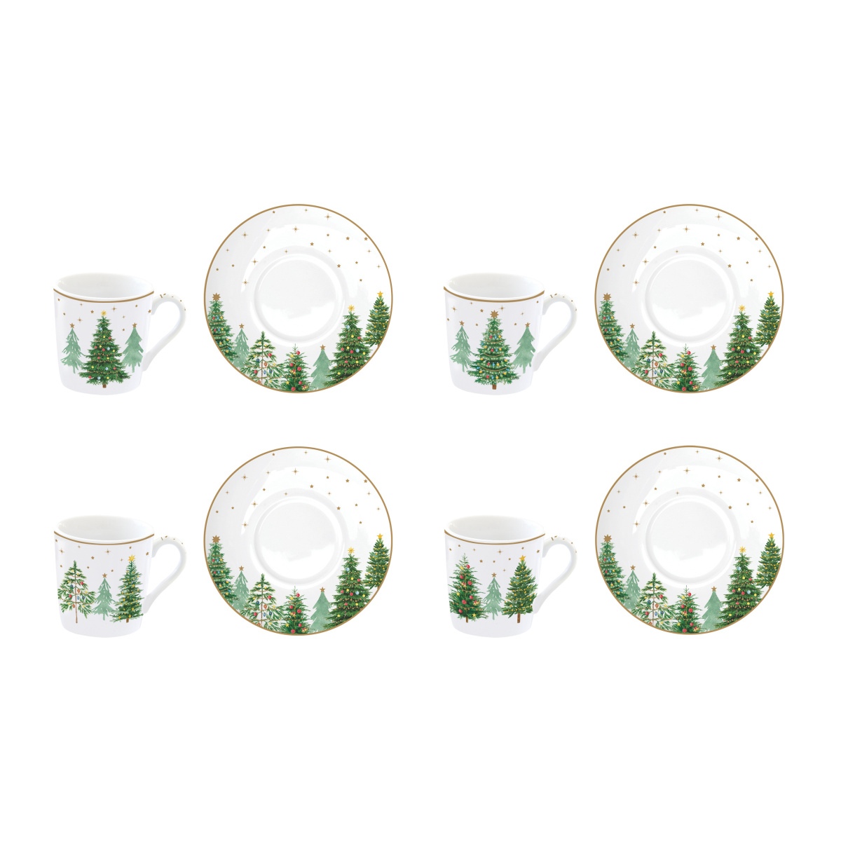 Hrnky a sklenice - Sada porcelánových šálků a podšálků FESTIVE TREES 4ks