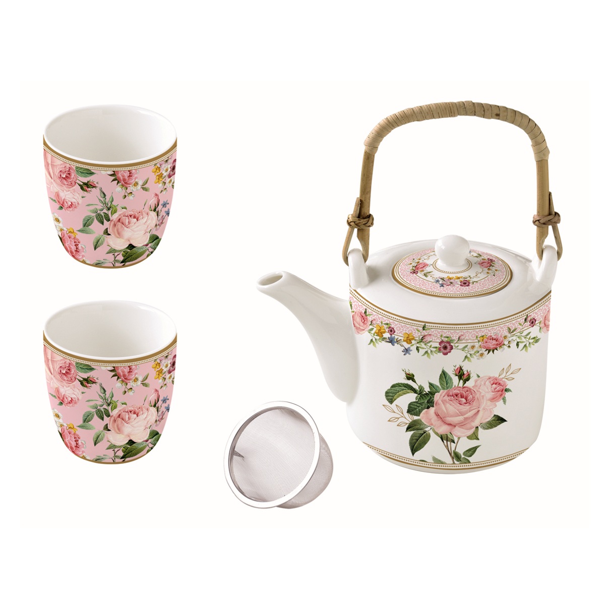 Hrnky a sklenice - Sada šálků a čajová konvice CHANT DES ROSES z porcelánu