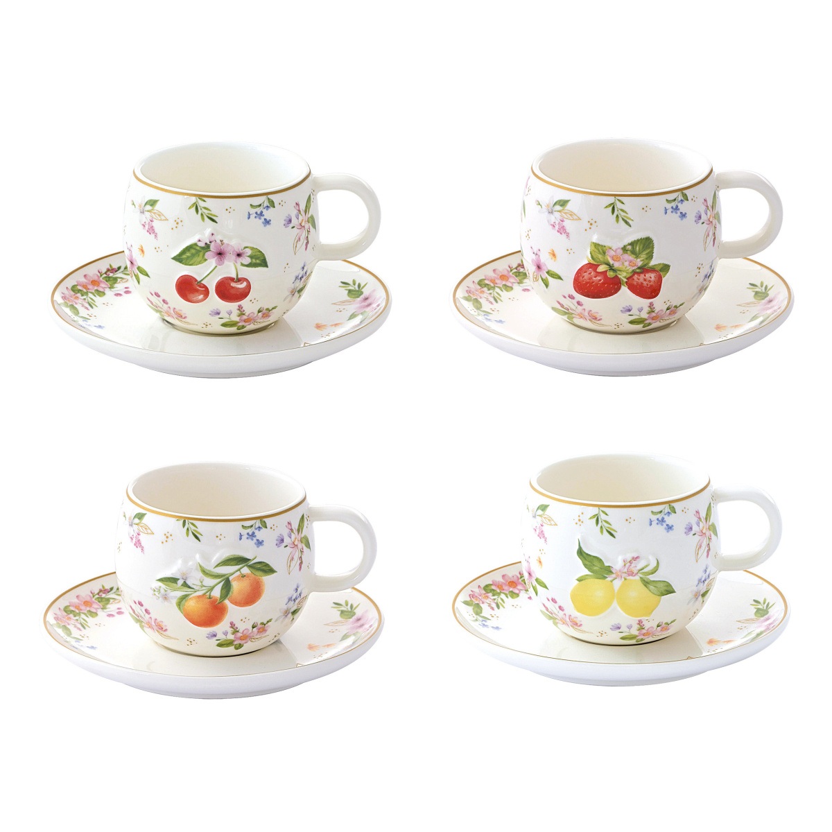 Hrnky a sklenice - Sada šálků a podšálků FANCY FRUIT z porcelánu mix 2ks