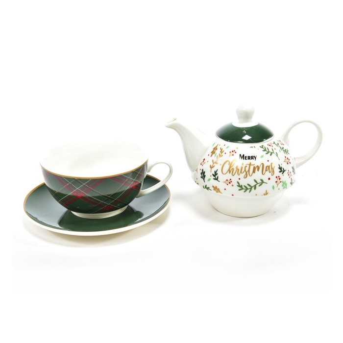 Čajové konvice - Šálek a čajová konvice keramická MERRY CHRISTMAS zeleno-bílá 255+400ml