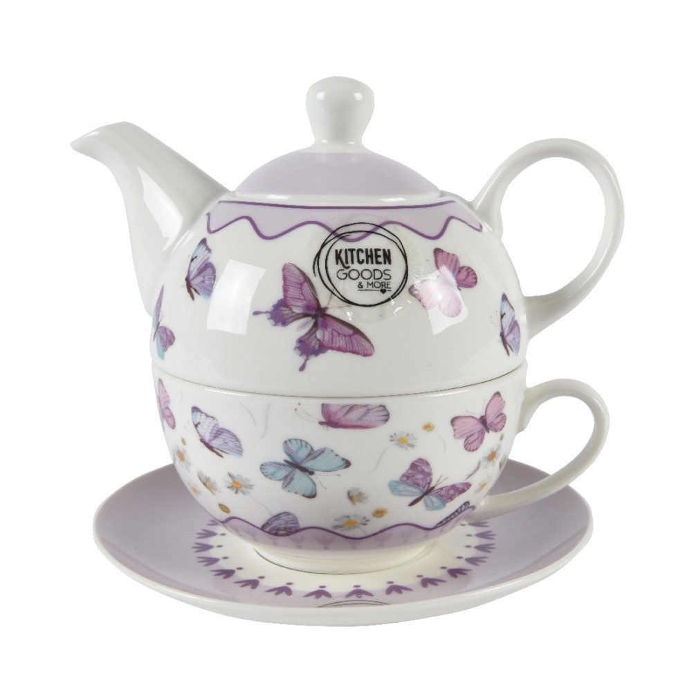 Čajové konvice - Šálek a čajová konvice porcelánová s květy a motýli