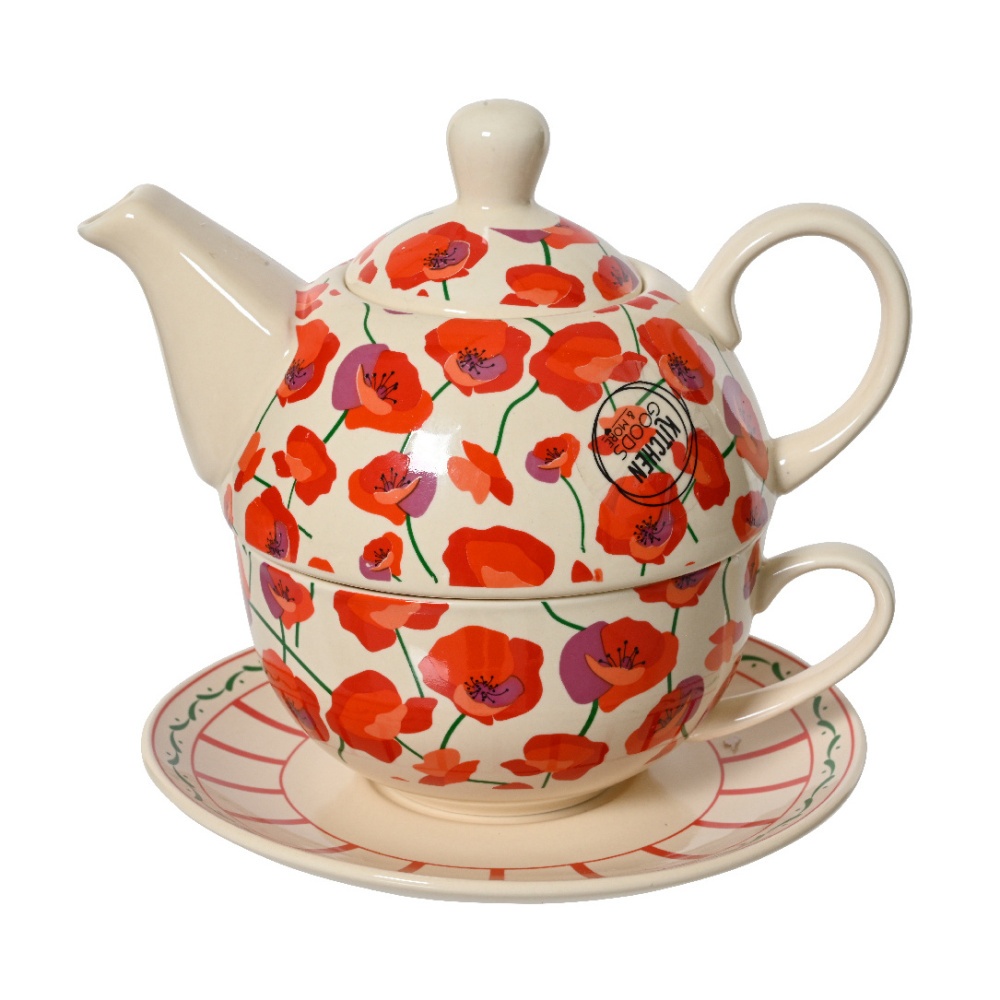 Čajové konvice - Šálek a čajová konvice s vlčími máky z porcelánu 450ml