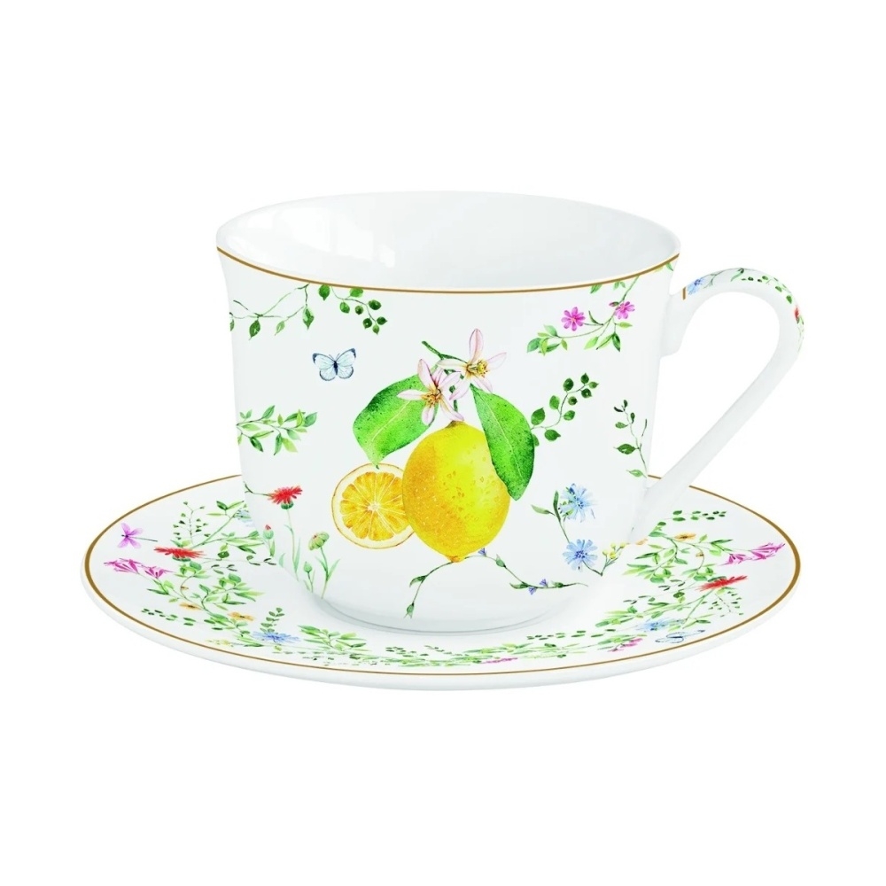 Hrnky a sklenice - Šálek a podšálek porcelánový FLEURS ET CITRONS 370ml