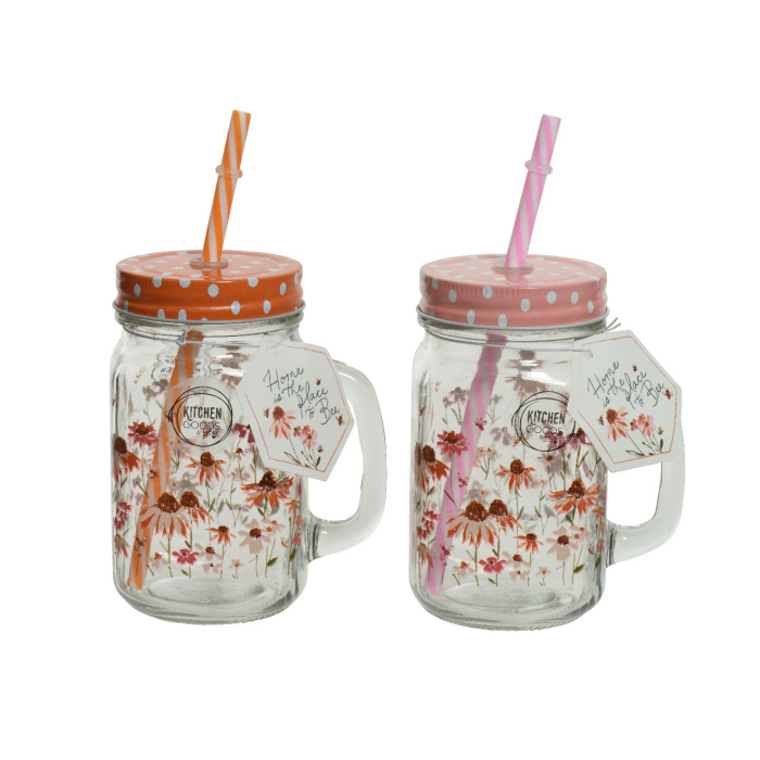 Hrnky a sklenice - Sklenice s víčkem a brčkem KITCHEN GOODS s květy mix 13,5cm