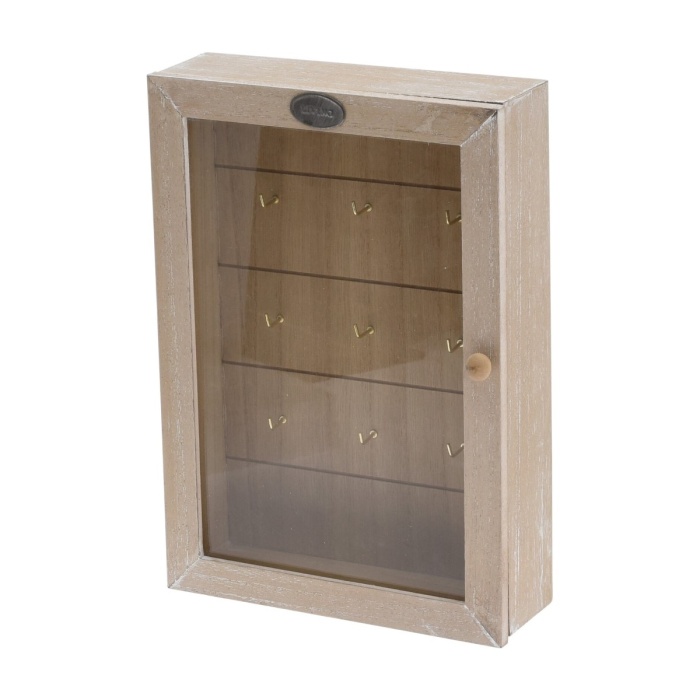 Dřevěné a proutěné dekorace - Skříňka na klíče dřevěné se sklem hnědá 27cm