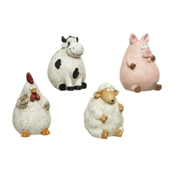Dekorační figurky zvířat - Slepice/kráva/prase/ovce sedící polyresin mix 18,5cm