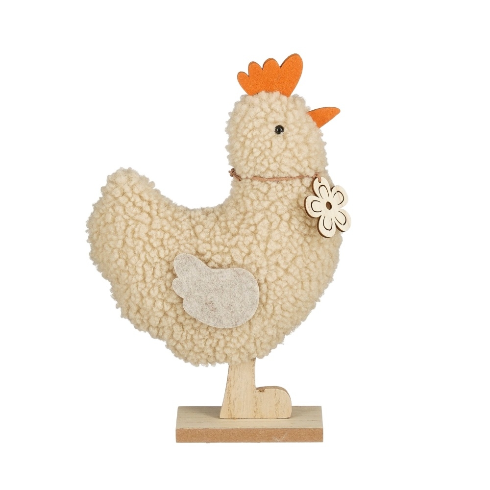 Dekorační figurky zvířat - Slepice plyšová na dřevěném podstavci béžová 31,5cm