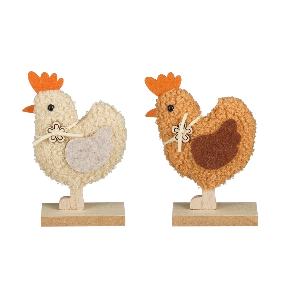 Dekorační figurky zvířat - Slepice plyšová na dřevěném podstavci béžová/hnědá mix 12,5cm