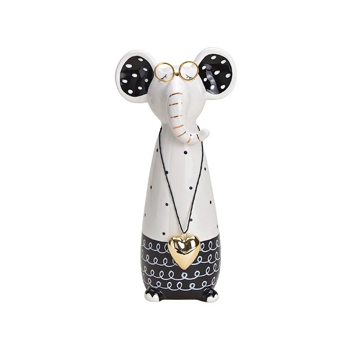 Dekorační figurky zvířat - Slon stojící keramický se srdcem a puntíky bílý 23cm
