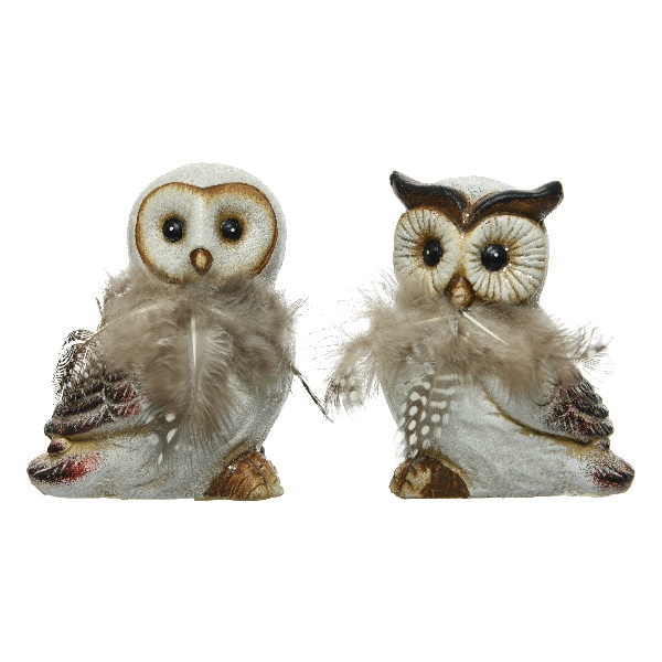 Sova terakota a peří 12,4cm hnědo-bílá mix tvarů