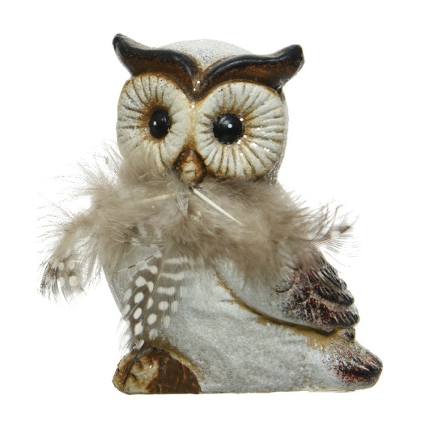 Sova terakota a peří 12,4cm hnědo-bílá mix tvarů-1