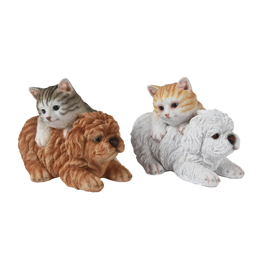 Dekorační figurky zvířat - Štěně a kotě dvojice ležící polyresinové mix 18cm