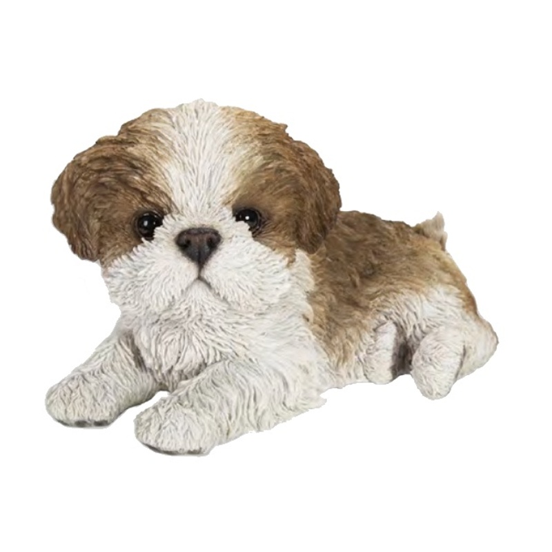 Dekorační figurky zvířat - Štěně Shih-tzu ležící polyresinové bílo-hnědé 23cm