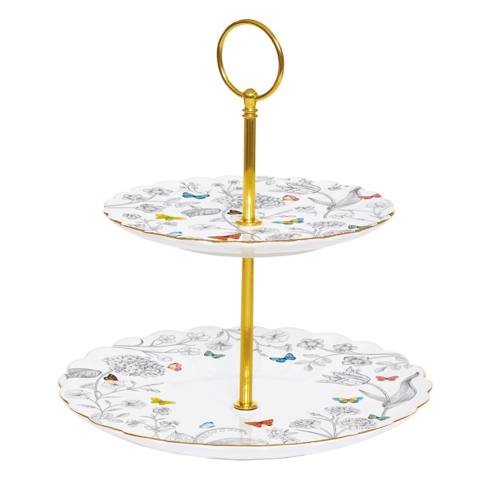 Tácy a podnosy - Stojánek/etažér porcelánový FLEURS ET PAPILLONS 2 patra 21cm