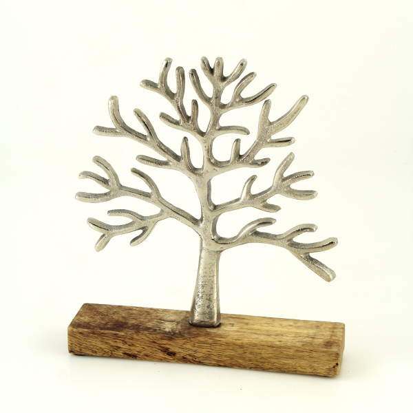 Kovové dekorace - Strom na podstavci hliník/dřevo 25cm