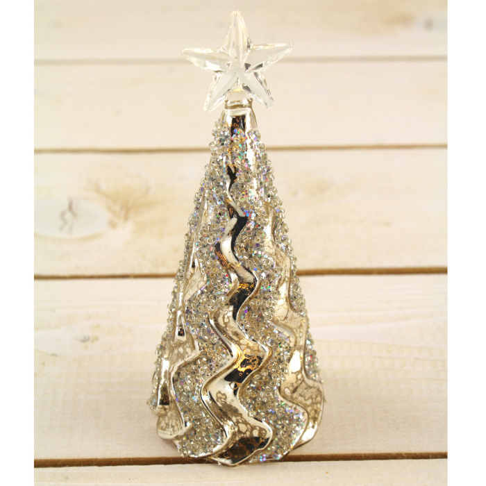 Strom s hvězdou skleněný vlkový svítící LED stříbrný 15,5cm