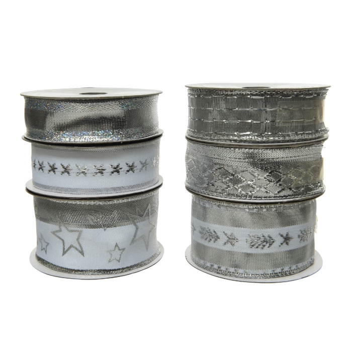 Vánoční stuhy - Stuha vánoční s drátkem  stříbrná mix 25-40mm x 2-3m
