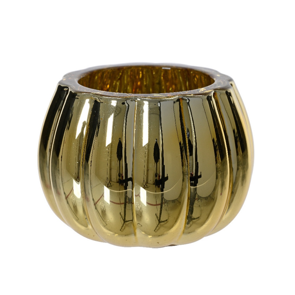 Svícny - Svícen na čajovku koulatý skleněný zlatý 7cm