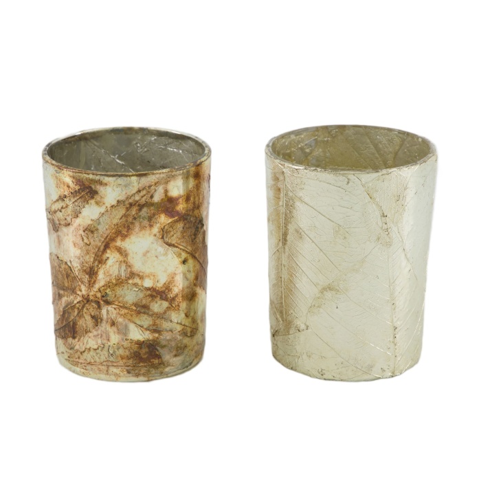 Svícny - Svícen na čajovku s listy a patinou mix 10cm