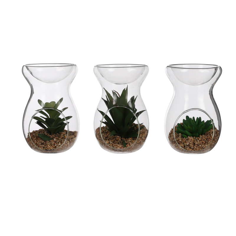 Svícny - Svícen na čajovku skleněný 10,5cm se sukulentem mix