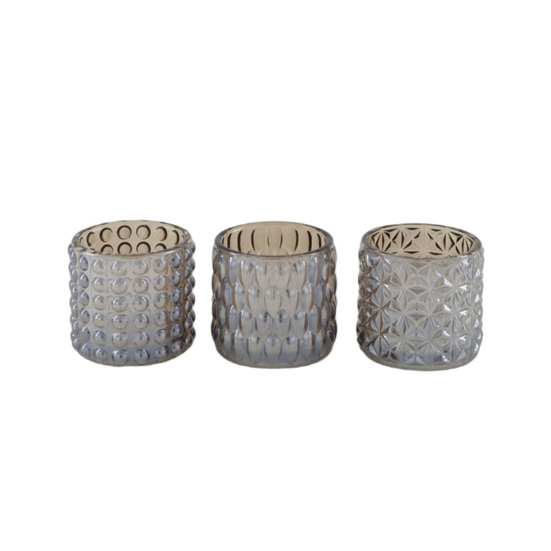 Svícny - Svícen na čajovku skleněný s reliéfy hnědý mix 7cm