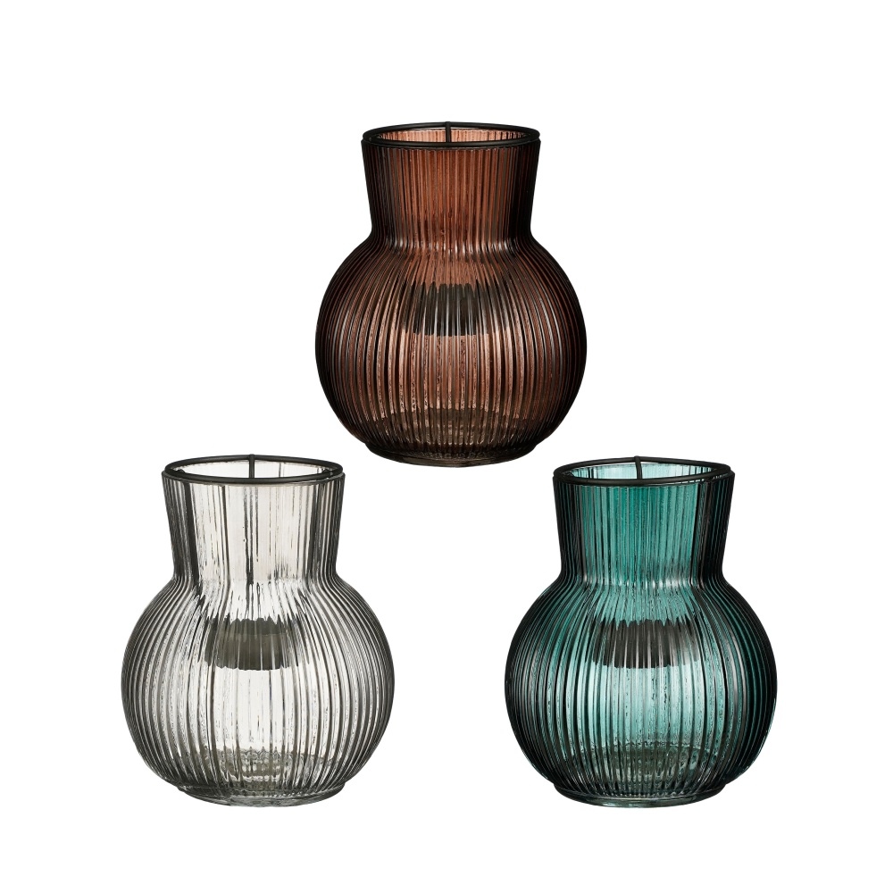 Svícny - Svícen na čajovku skleněný žebrovaný s kovovým kalíškem mix 13,5cm