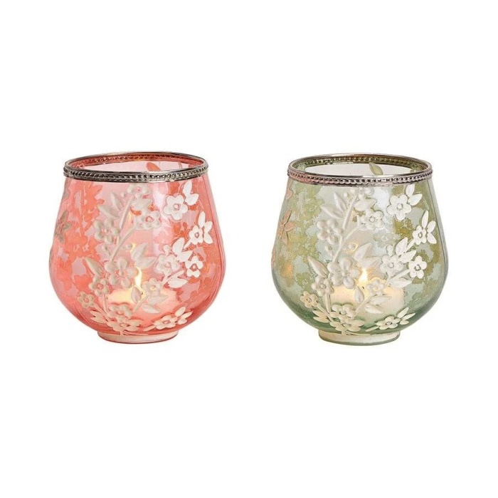 Svícny - Svícen skleněný kulatý s květy na svíčku mix 13cm