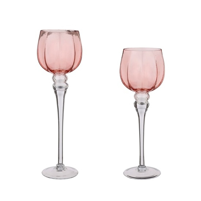 Svícny - Svícen skleněný na čajovou svíčku pohár/číše na noze 35-40cm růžový 2ks