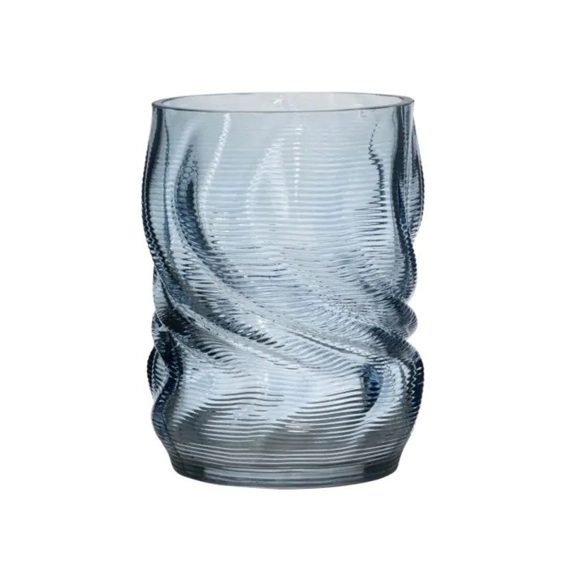 Svícny - Svícen válcový atypický WAVY skleněný modrý 16cm