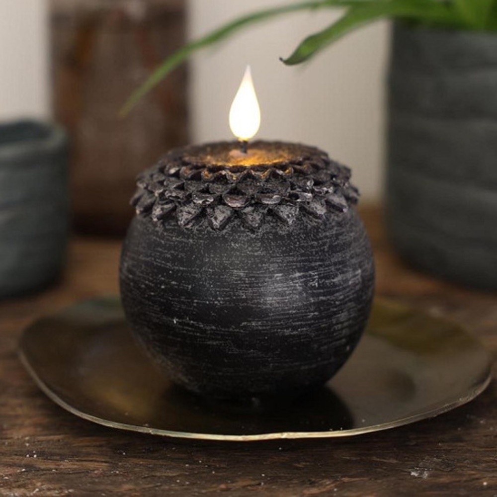 Svíčka květinová koule s LED, t.bílá na baterie černá 9cm-0