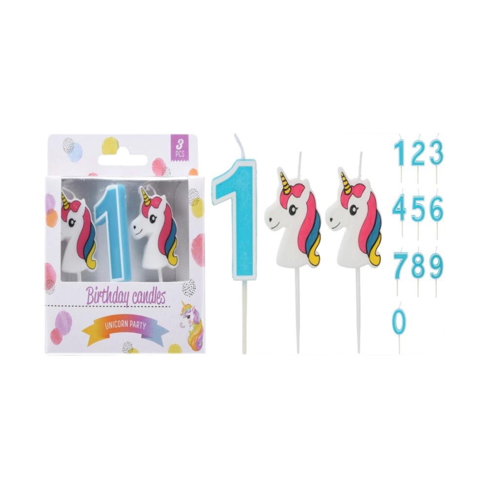Svíčky na dort - Svíčka na dort číslo 0-9 s jednorožci sada 3ks