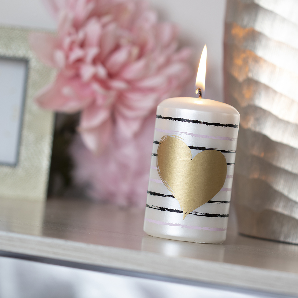 Svíčka válec UNIPAR WITH LOVE srdce bílo-zlatá 10cm-0