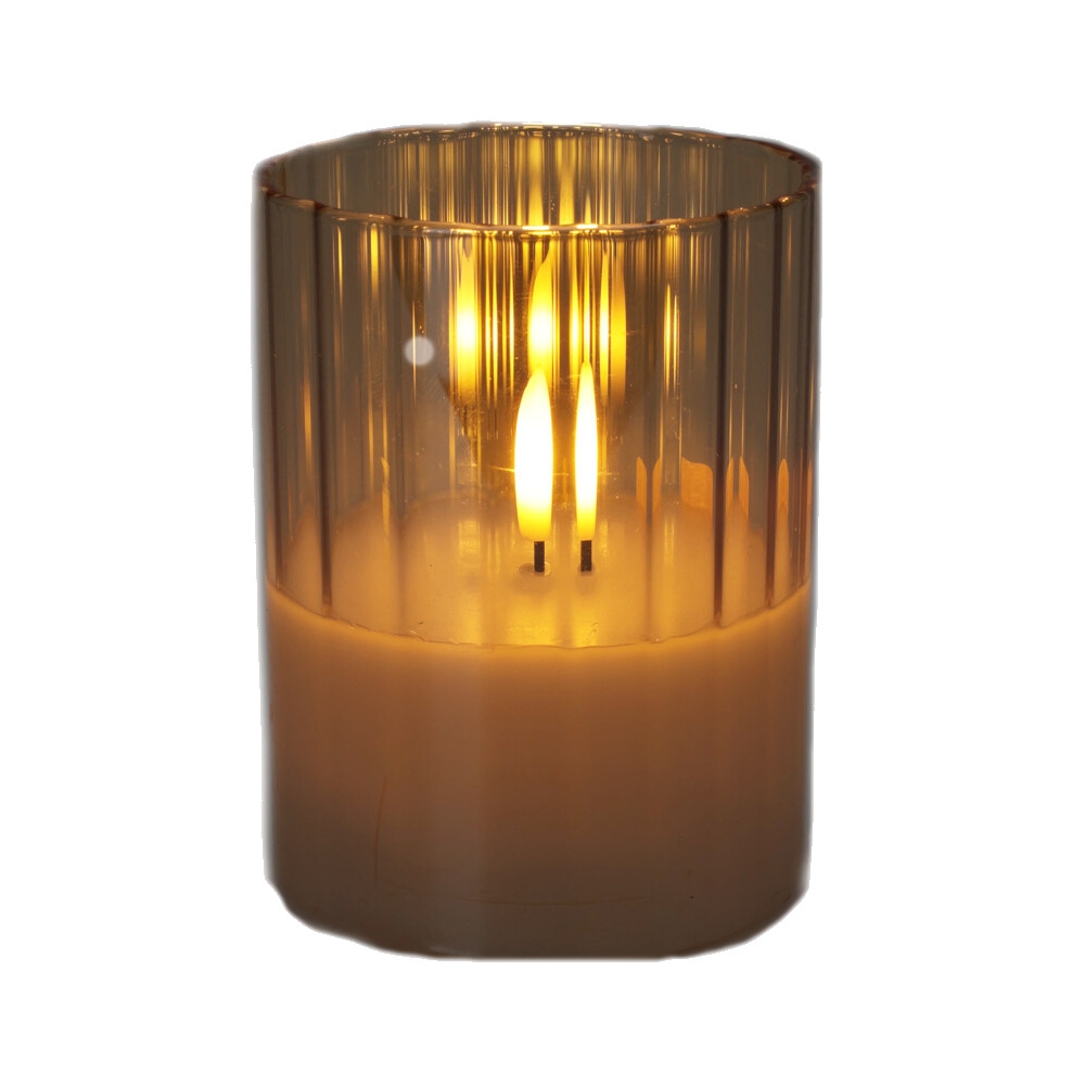 Elektrické svíčky - Svíčka ve skle s 1LED, t.bílá a časovačem na baterie jantarová 12cm