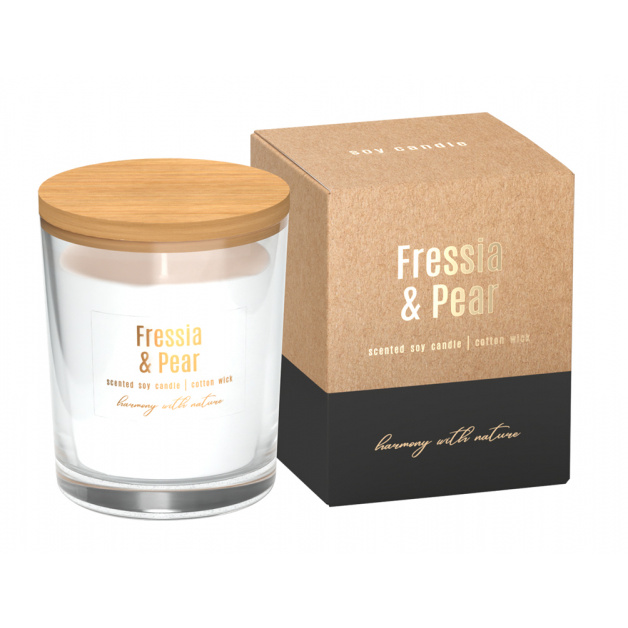 Svíčky vonné ve skle a jiném - Svíčka vonná sklo s víčkem Fressia & Pear 130g