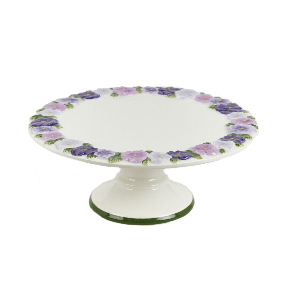 Tácy a podnosy - Tác na noze keramický s květy macešky fialovo-bílý 23,5cm