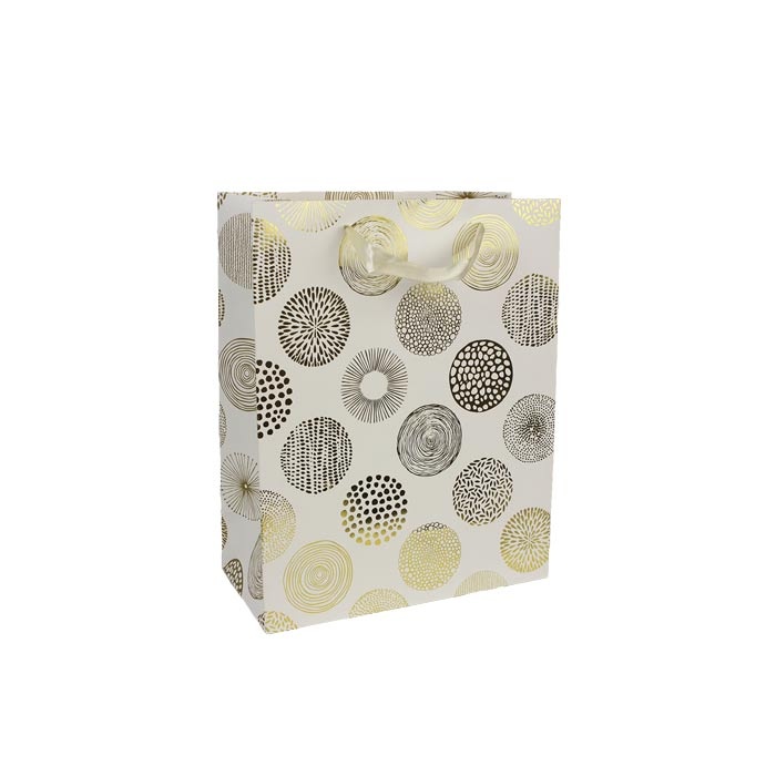 Taška dárková zlaté kulaté ornamenty/bílá 32cm