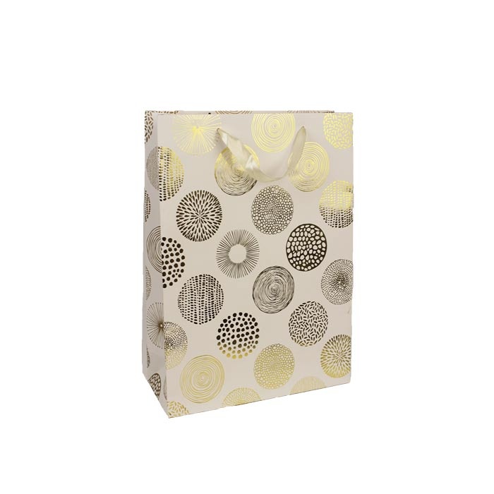 Taška dárková zlaté kulaté ornamenty/bílá 40cm