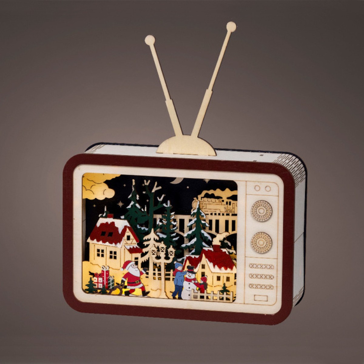 Televize dřevěná s vánočním motivem 9LED t.bílá s časovačem na baterie 33,5cm