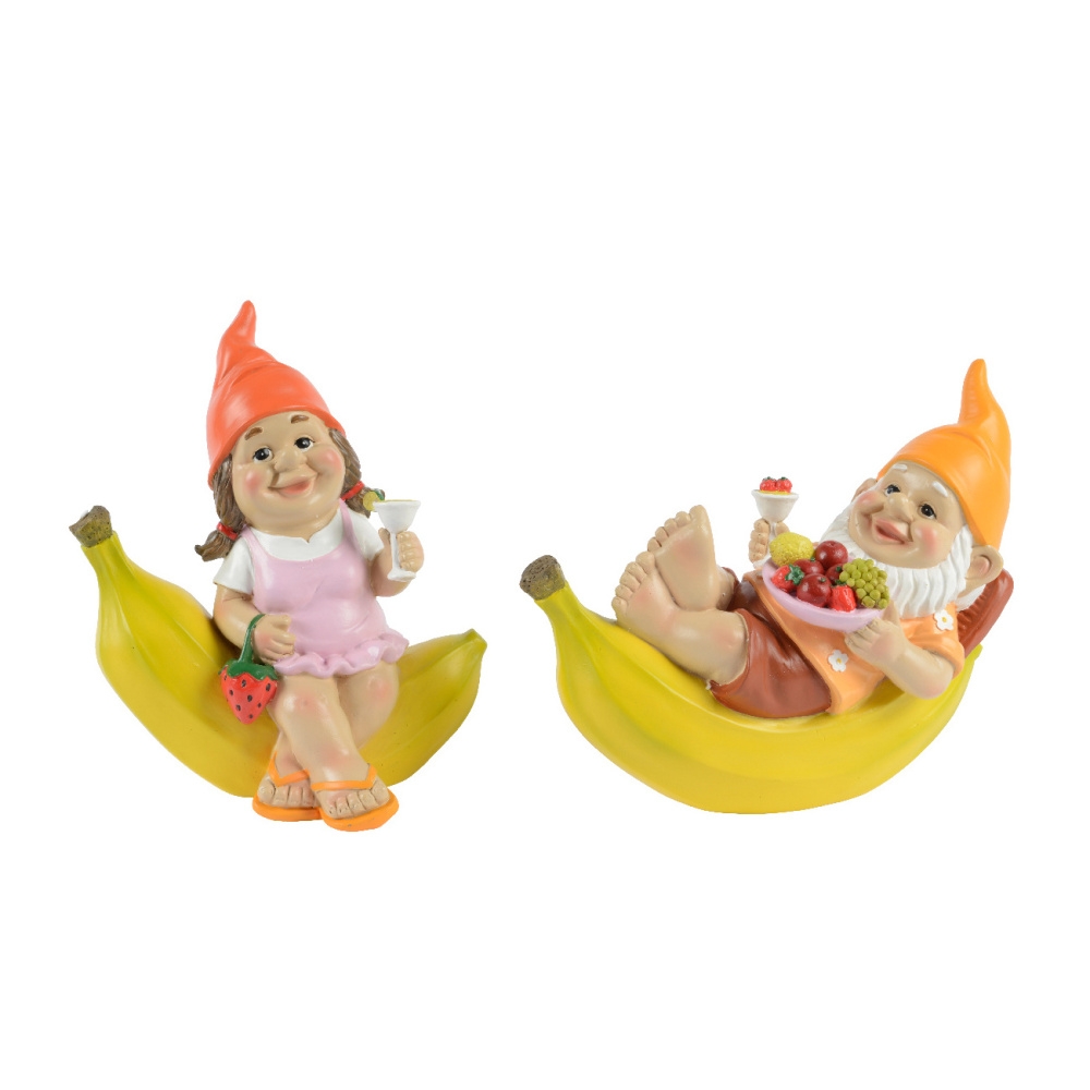 Dekorační figurky postav - Trpaslík muž/žena na banánu z polyresinu mix 20cm