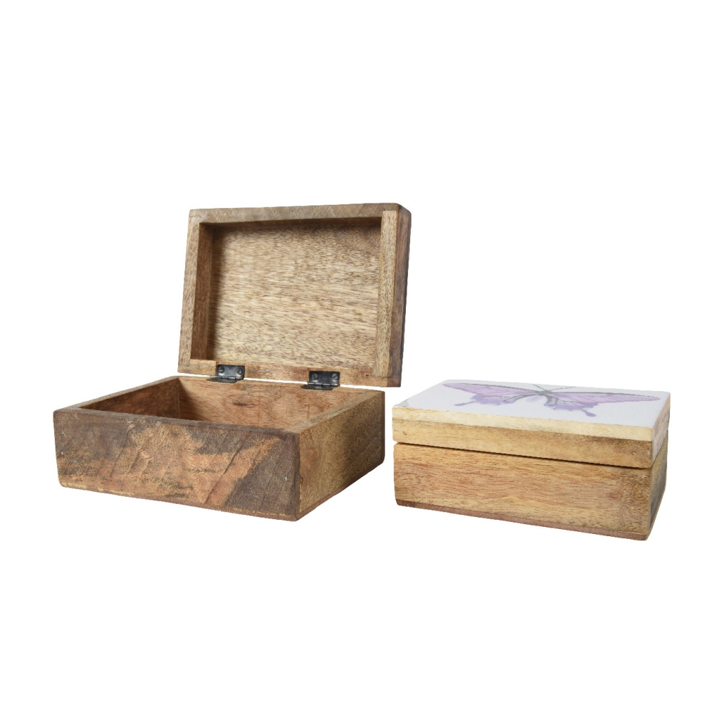 Dřevěné a proutěné dekorace - Truhla dřevěná hranatá s motýlem přírodní 18cm