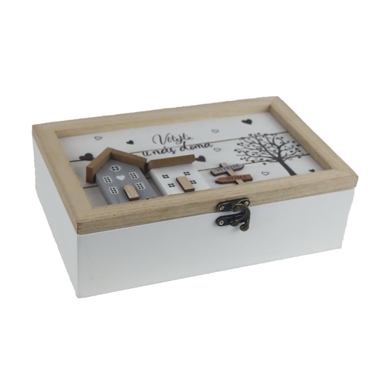 Dřevěné a proutěné dekorace - Truhla dřevěná hranatá s nápisem VÍTEJTE U NÁS DOMA bílo-přírodní 23,5cm