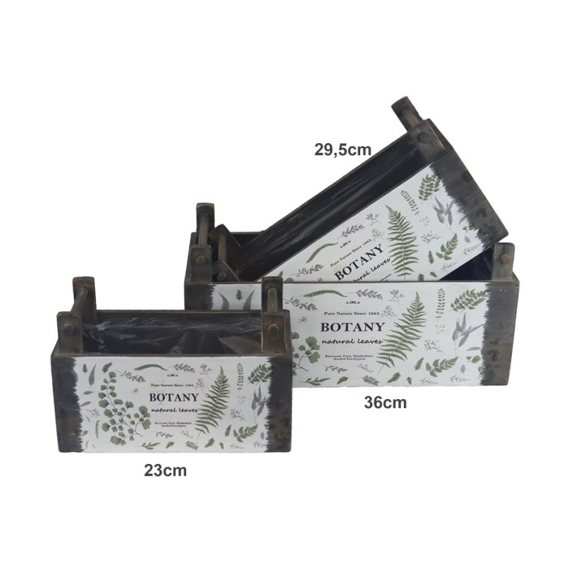 Proutěné a dřevěné truhlíky - Truhlík hranatý dřevěný BOTANY se 2 uchy a igelitem hnědo-bílý 23cm