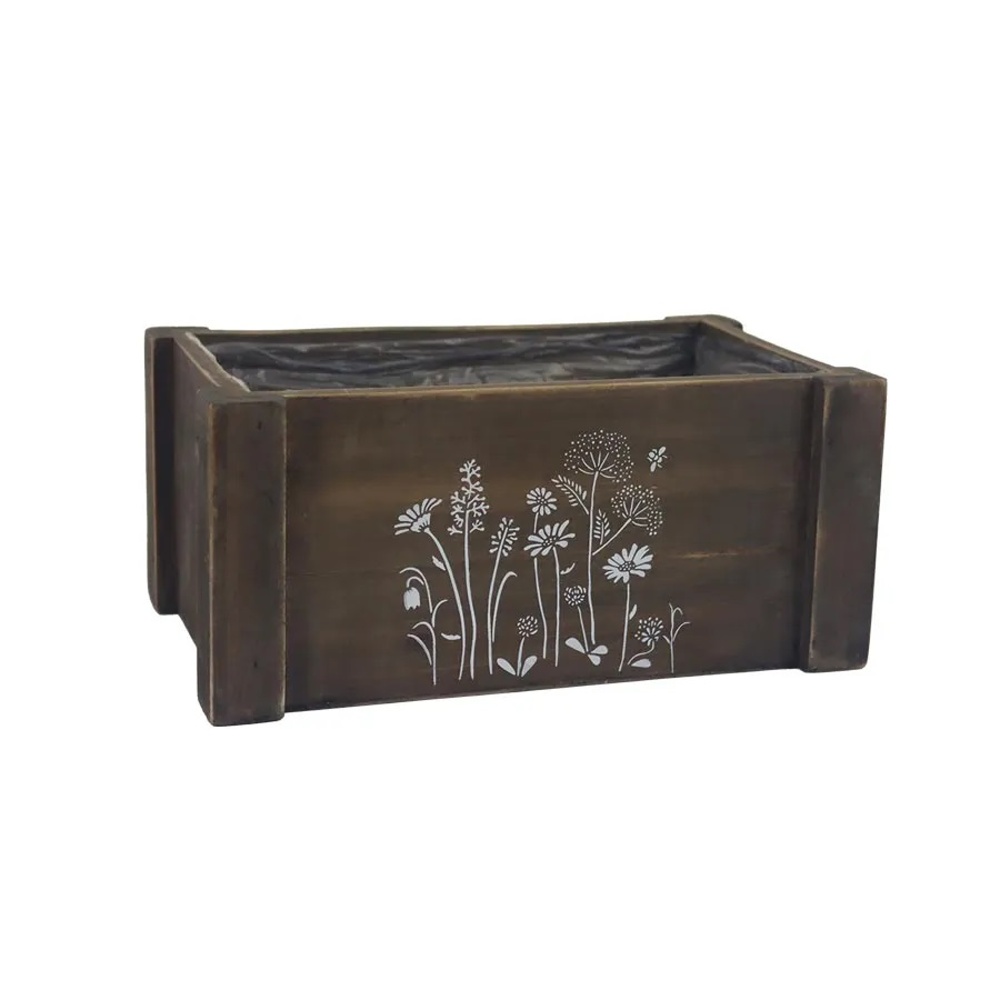 Proutěné a dřevěné truhlíky - Truhlík hranatý dřevěný s lučními květy a igelitovou vložkou bílo-hnědý 21cm