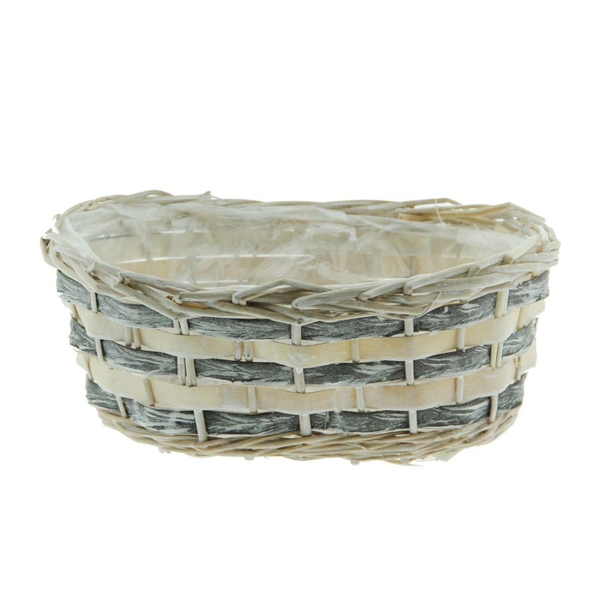 Proutěné a dřevěné truhlíky - Truhlík oválný proutěný s dýhou a igelitem bílo-šedý 29cm