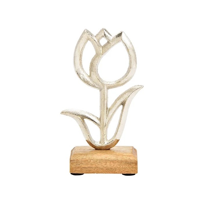 Kovové dekorace - Tulipán kovový na dřevěném stříbrno-příírodní 16cm