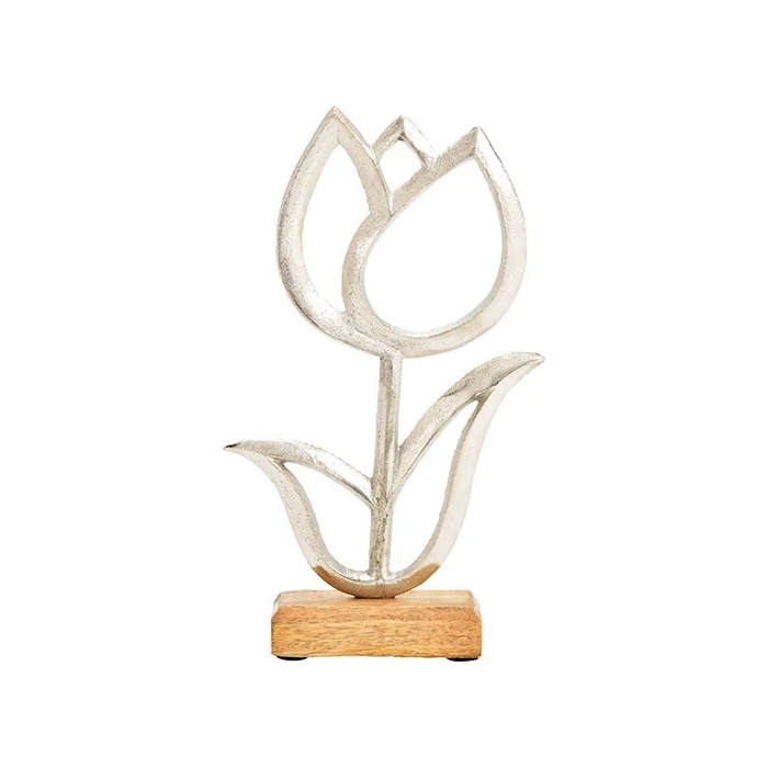 Kovové dekorace - Tulipán kovový na dřevěném stříbrno-příírodní 25cm
