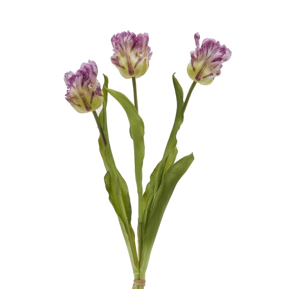 Jarní umělé květiny - Tulipán PARROT ve svazku umělý bílo-fialový 3ks