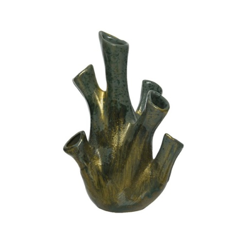 Keramické vázy - Váza atyp 6 hrdel kamenina zlatozelená 23,5cm